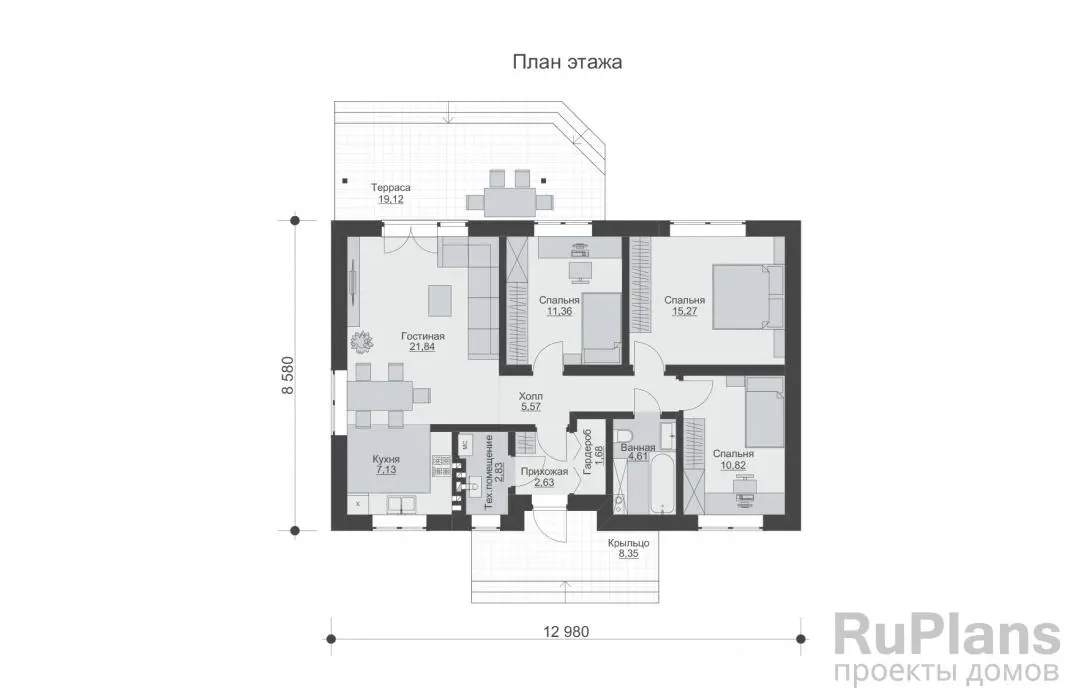 Проект одноэтажного дома 84 м², 12 × 12,7 м — Первый этаж
