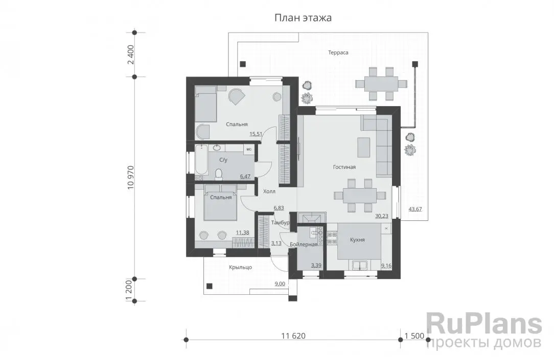 Проект одноэтажного дома 86 м², 11,6 × 14,6 м — Первый этаж