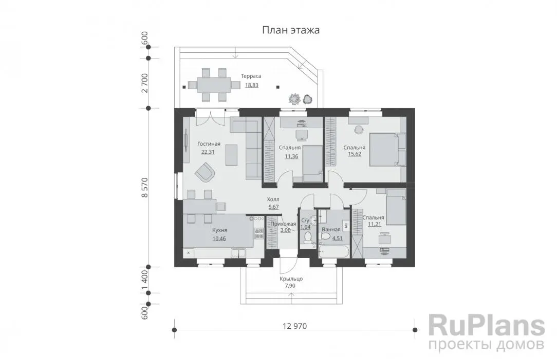 Проект одноэтажного дома 86 м², 12 × 11,3 м — Первый этаж