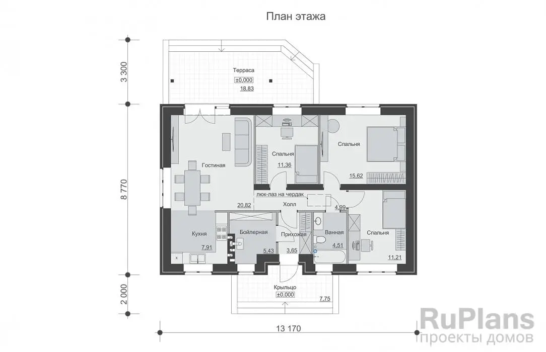 Проект одноэтажного дома 86 м², 8,8 × 13,2 м — Первый этаж
