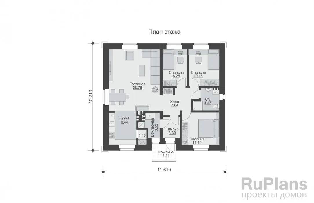 Проект одноэтажного дома 87 м², 11,6 × 10,2 м — Первый этаж