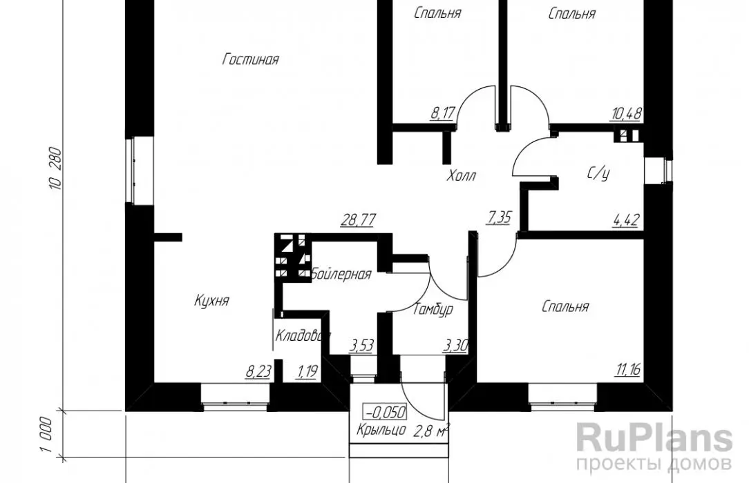 Проект одноэтажного дома 87 м², 11,7 × 10,3 м — Первый этаж