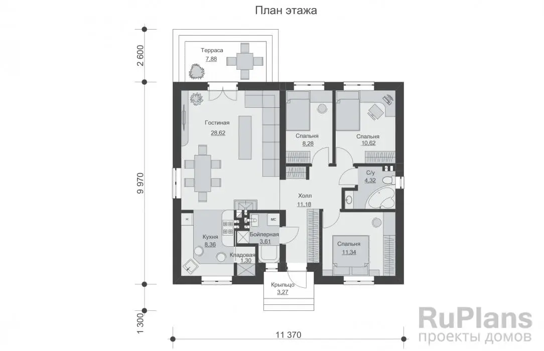Проект одноэтажного дома 88 м², 11,4 × 9 м — Первый этаж
