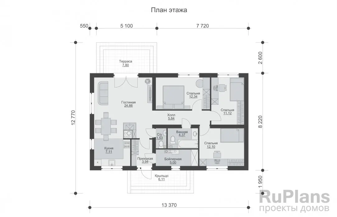 Проект одноэтажного дома 88 м², 13,4 × 8,2 м — Первый этаж