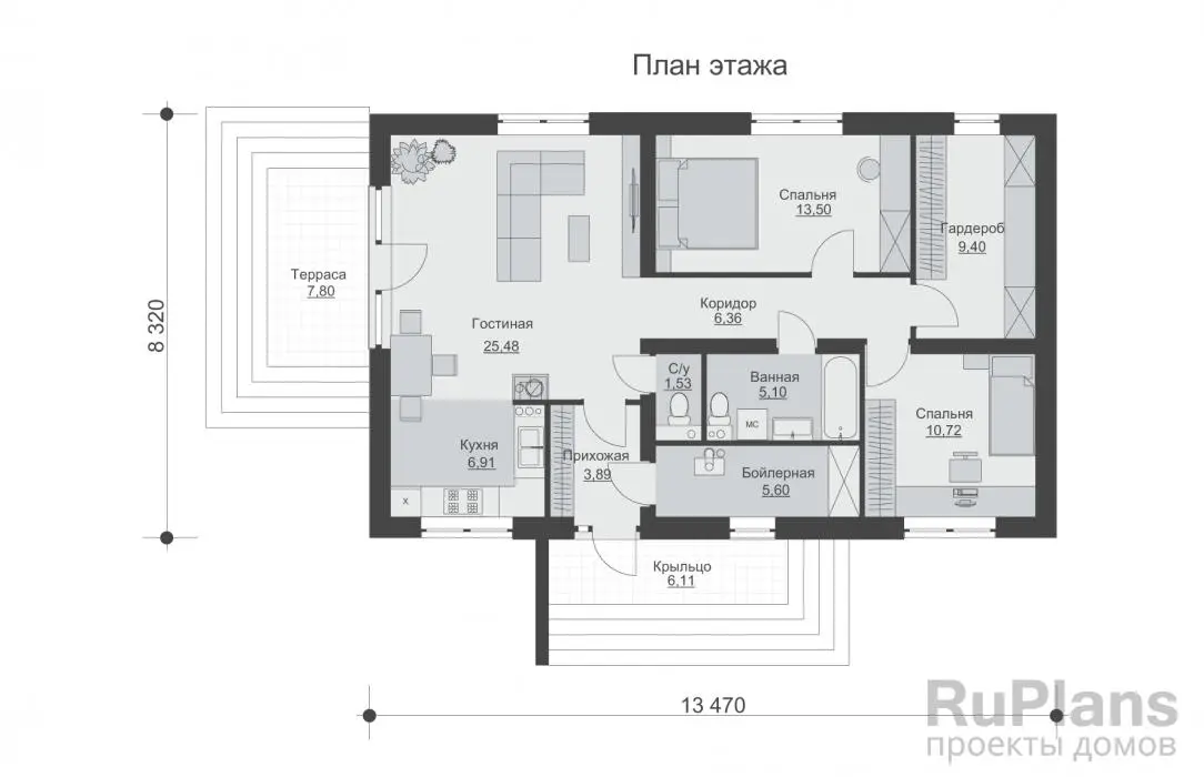Проект одноэтажного дома 88 м², 8,3 × 13,5 м — Первый этаж