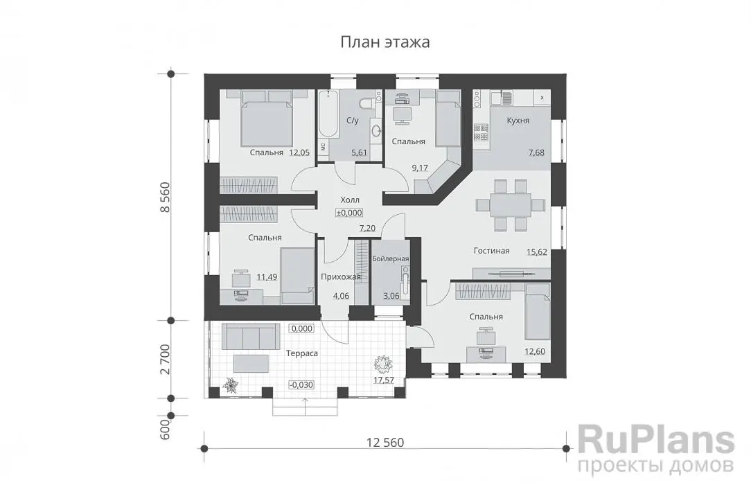 Проект одноэтажного дома 89 м², 11,3 × 12,6 м — Первый этаж