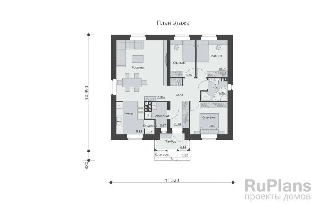 Проект одноэтажного дома 90 м², 11,5 × 10 м — Первый этаж