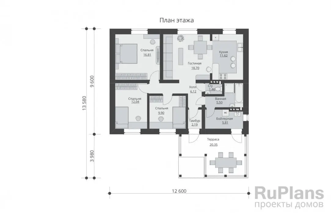 Проект одноэтажного дома 90 м², 12,6 × 13,6 м — Первый этаж