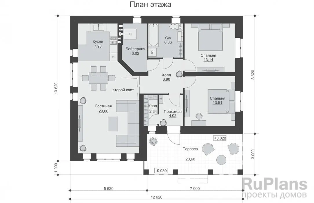 Проект одноэтажного дома 90 м², 10,6 × 11,6 м — Первый этаж