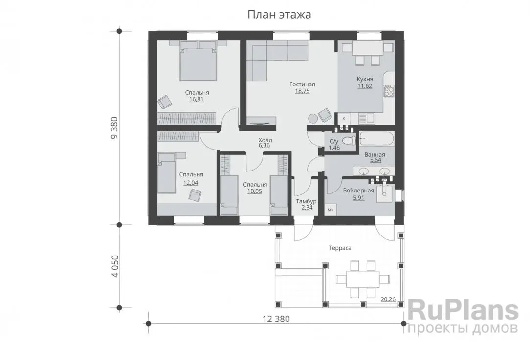 Проект одноэтажного дома 91 м², 9,4 × 12,4 м — Первый этаж