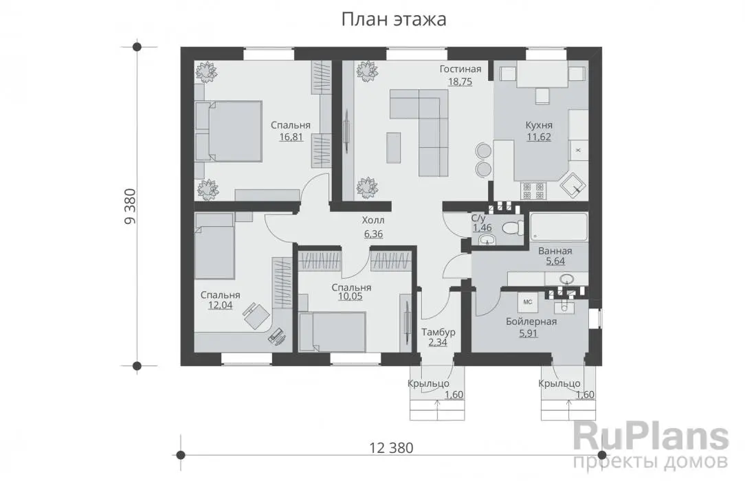 Проект одноэтажного дома 91 м², 9,4 × 12,4 м — Первый этаж