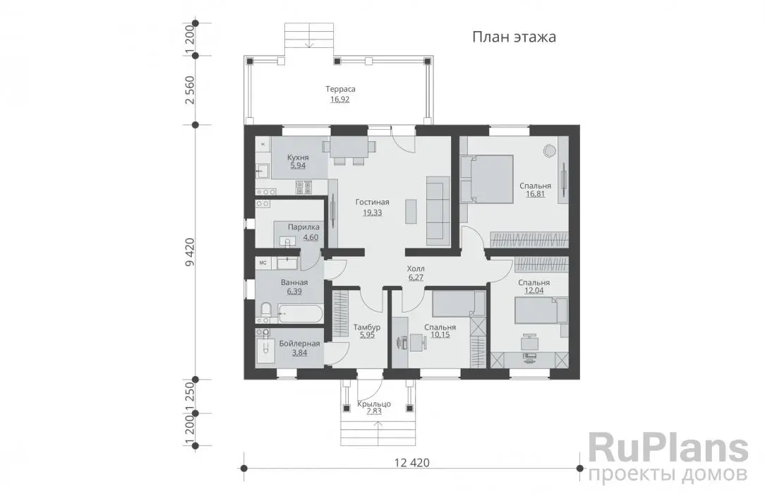 Проект одноэтажного дома 91 м², 13,2 × 12,4 м — Первый этаж