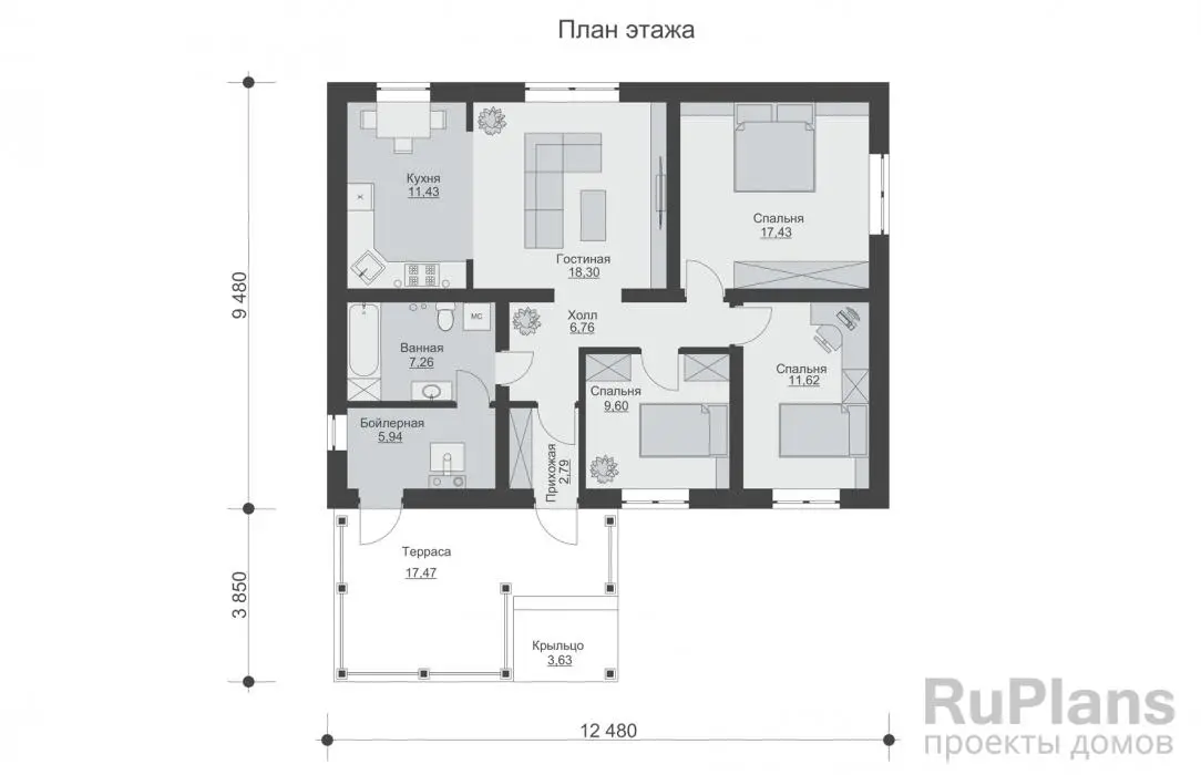 Проект одноэтажного дома 91 м², 13,3 × 12,5 м — Первый этаж