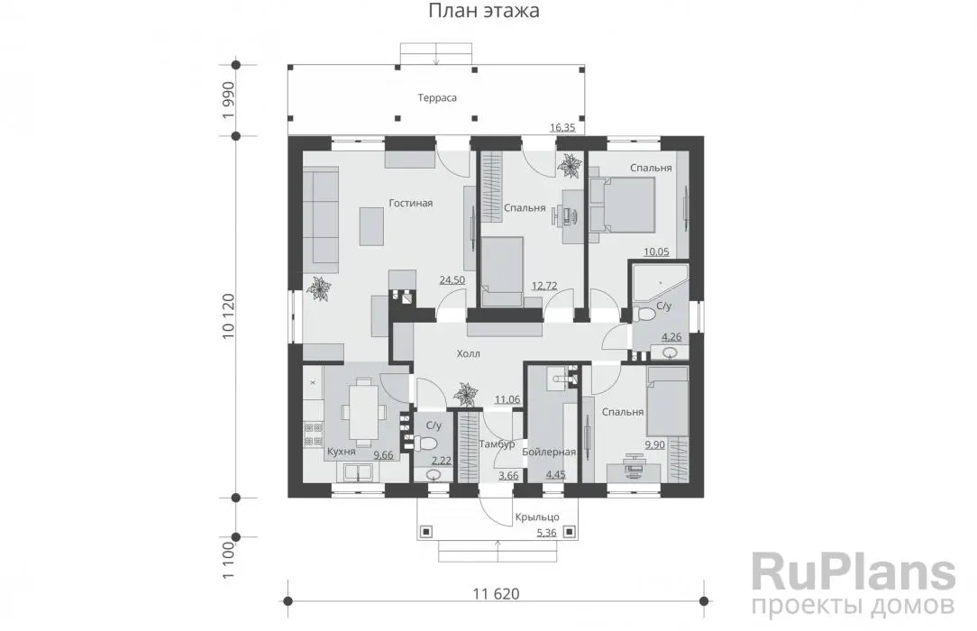 Проект одноэтажного дома 92 м², 13,2 × 11,6 м — Первый этаж
