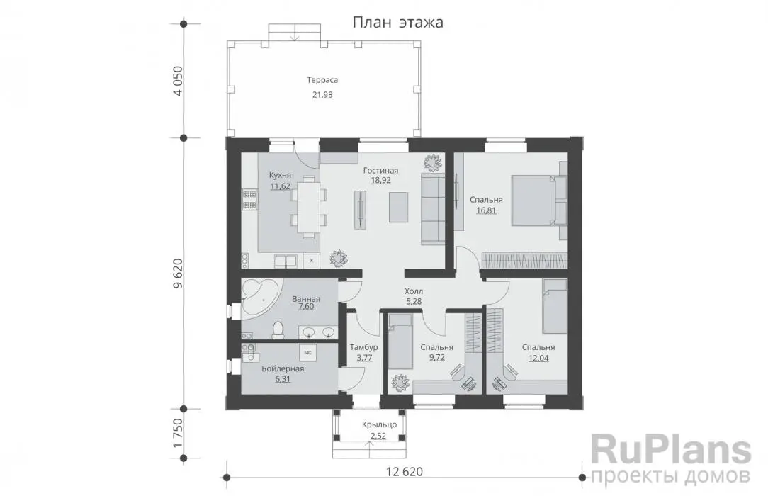 Проект одноэтажного дома 92 м², 15,4 × 12,6 м — Первый этаж