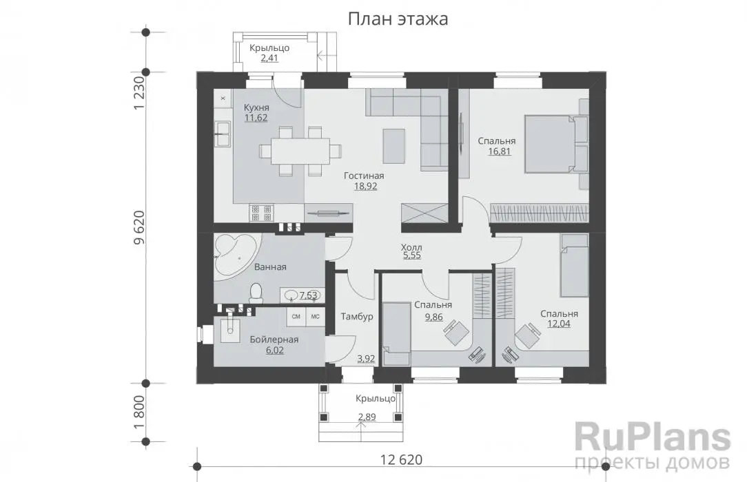 Проект одноэтажного дома 92 м², 11,4 × 12,6 м — Первый этаж