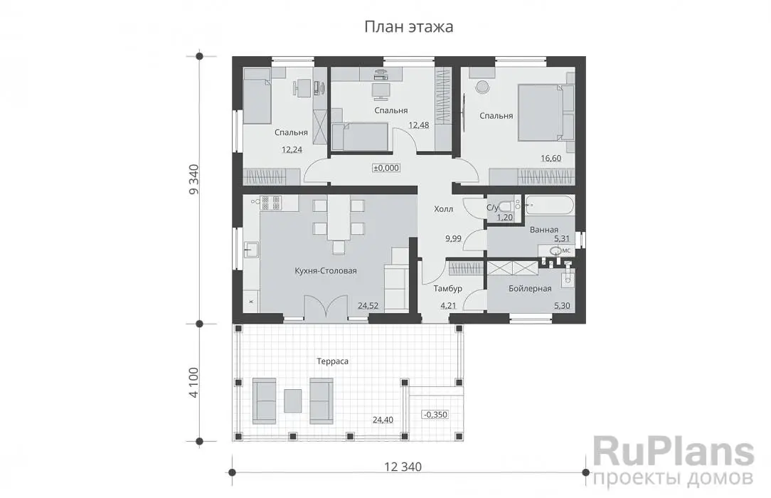 Проект одноэтажного дома 92 м², 13,4 × 12,3 м — Первый этаж