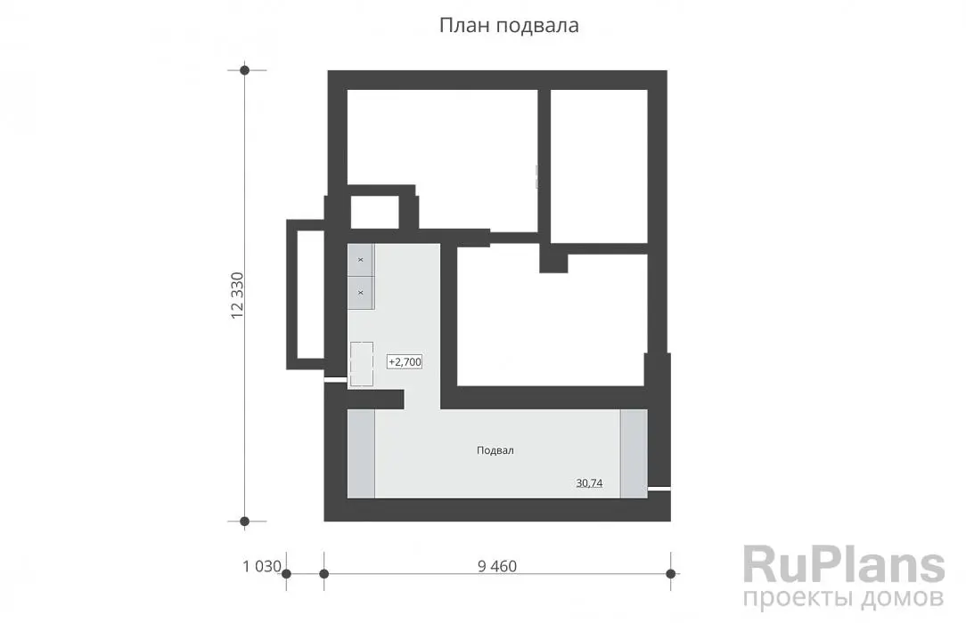 Проект одноэтажного дома 92 м², 12,3 × 10,5 м — Цокольный этаж