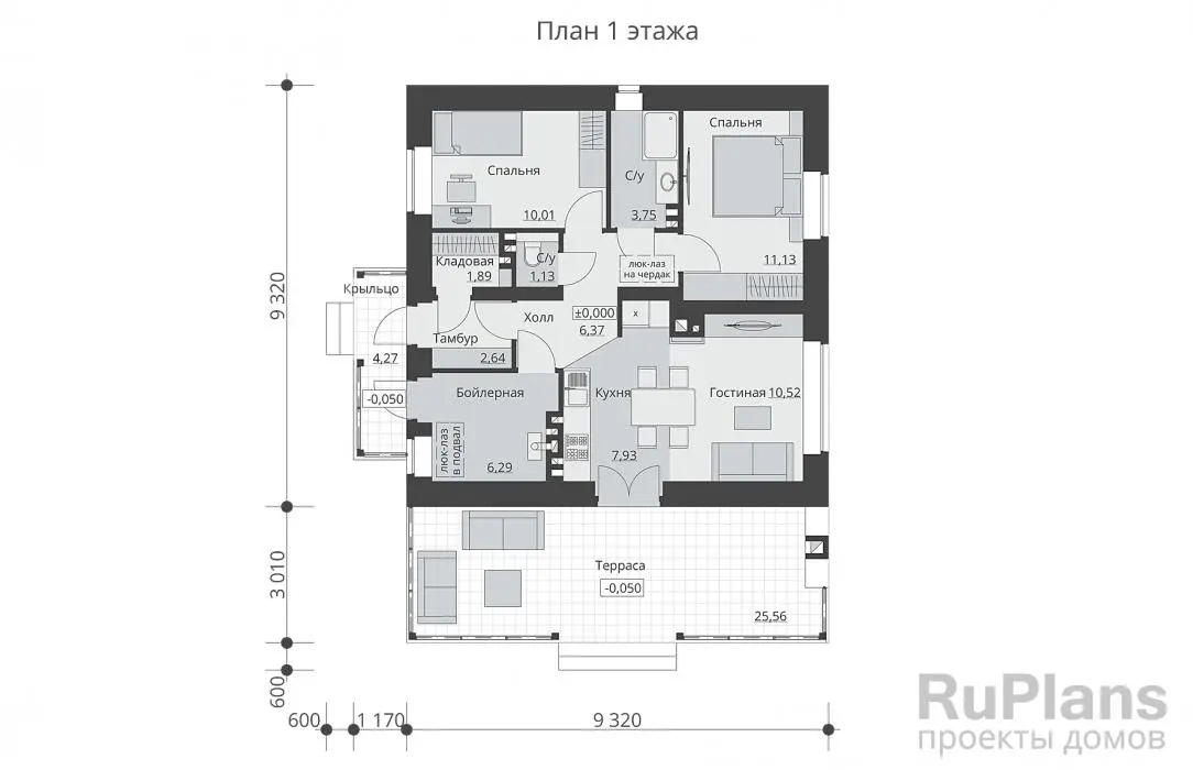 Проект одноэтажного дома 92 м², 12,3 × 10,5 м — Первый этаж