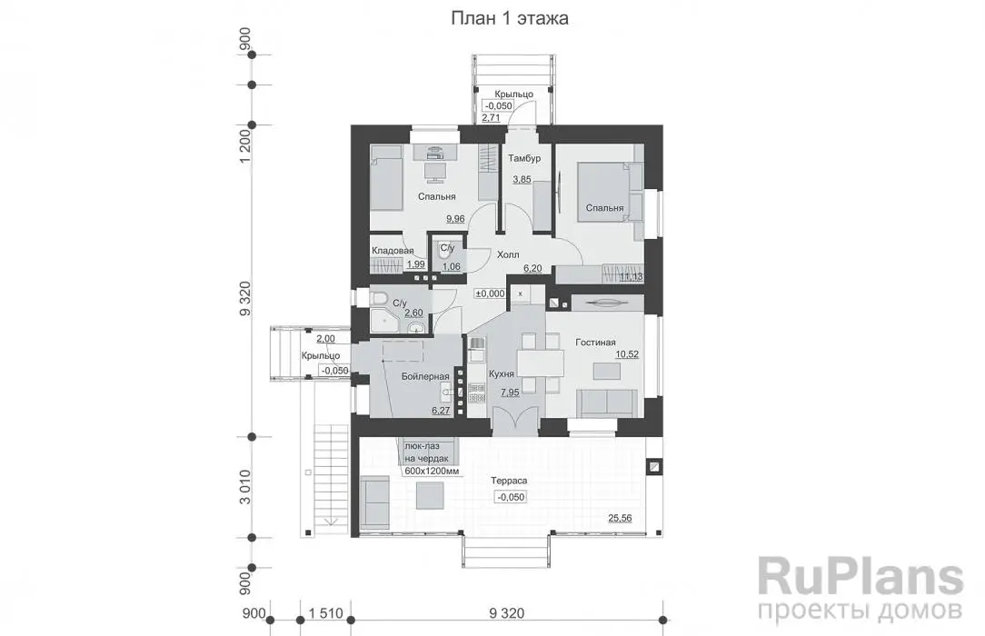 Проект одноэтажного дома 92 м², 12,3 × 10,7 м — Первый этаж