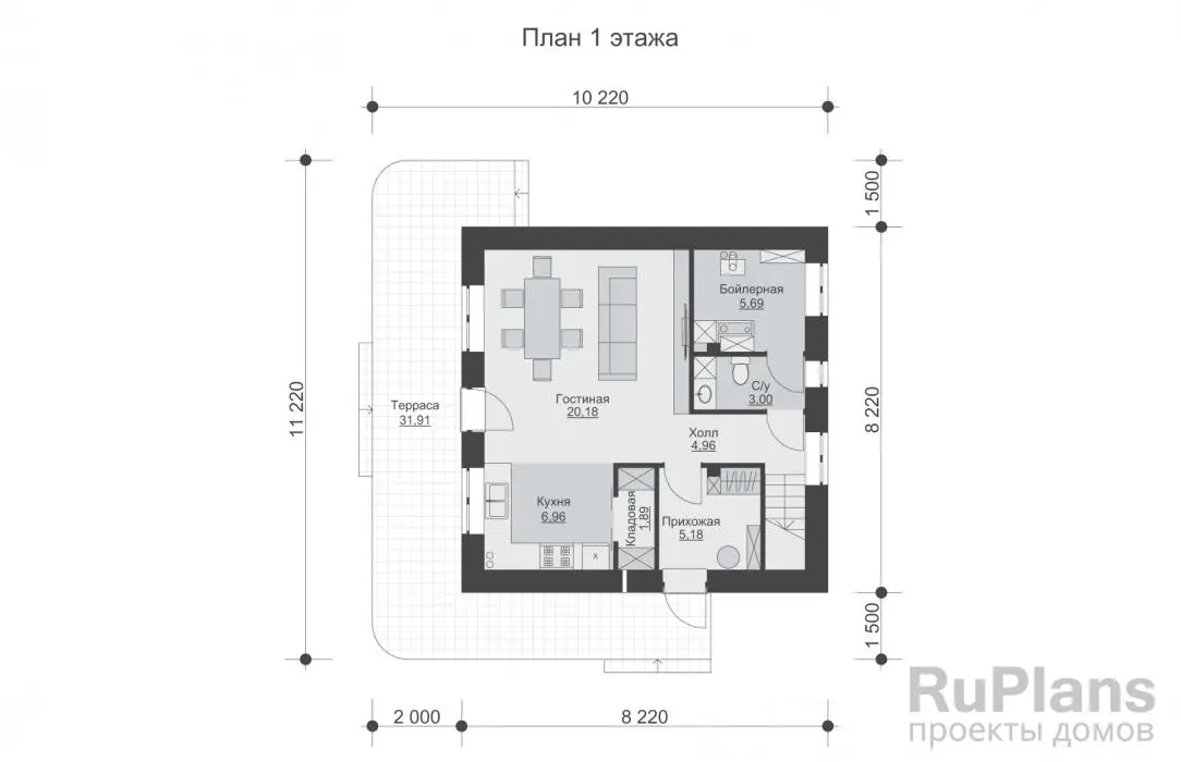 Проект одноэтажного дома 93 м², 11,2 × 11,2 м — Первый этаж