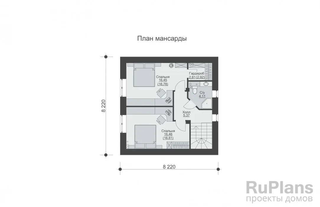 Проект одноэтажного дома 93 м², 11,2 × 11,2 м — Мансарда