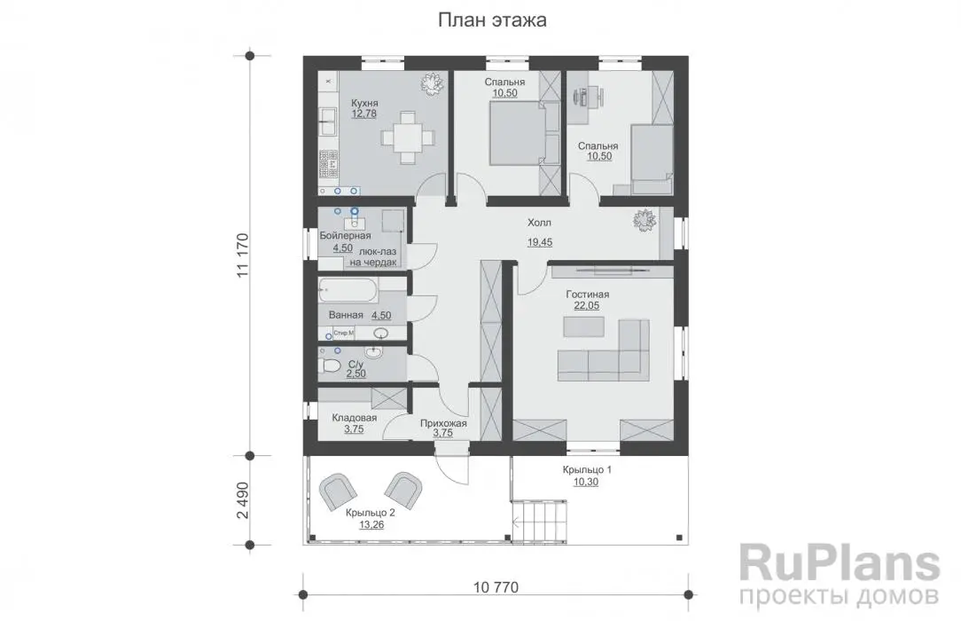 Проект одноэтажного дома 94 м², 13,7 × 10,8 м — Первый этаж