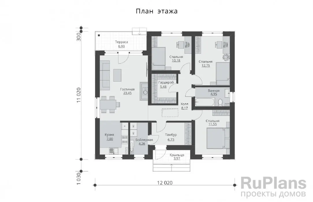 Проект одноэтажного дома 95 м², 12 × 11 м — Первый этаж