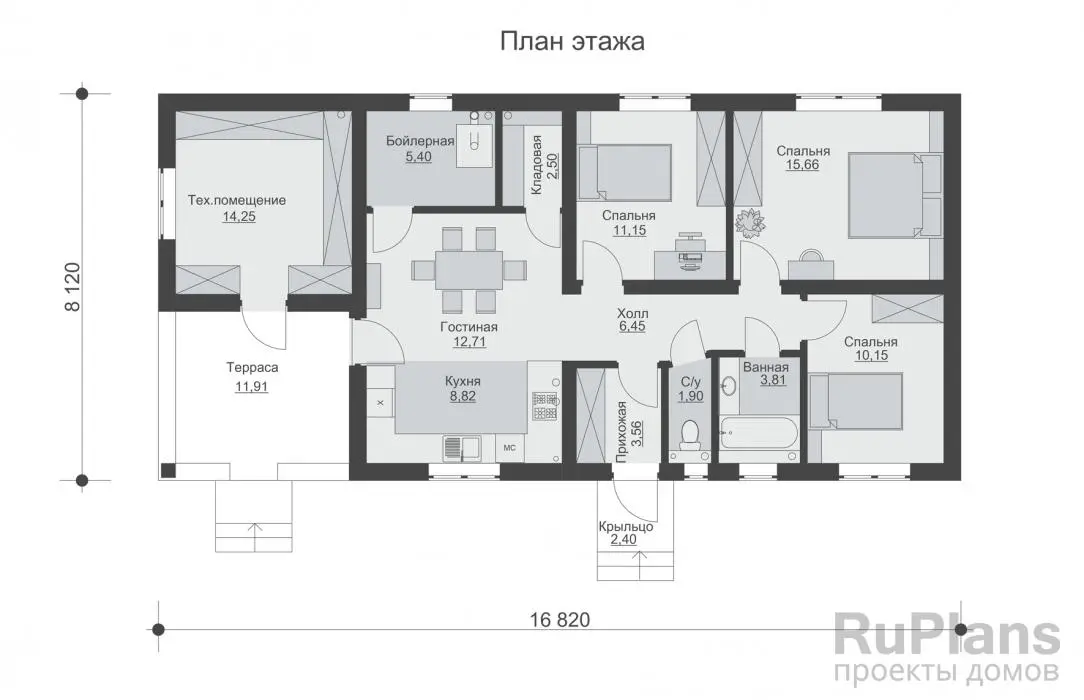 Проект одноэтажного дома 96 м², 8,1 × 16,8 м — Первый этаж