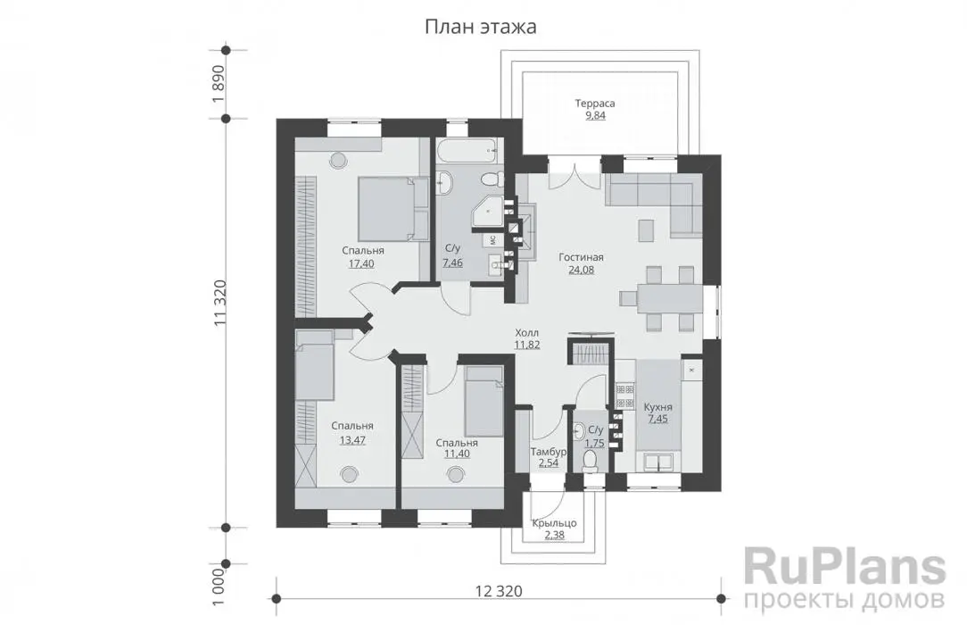 Проект одноэтажного дома 97 м², 11,3 × 12,3 м — Первый этаж