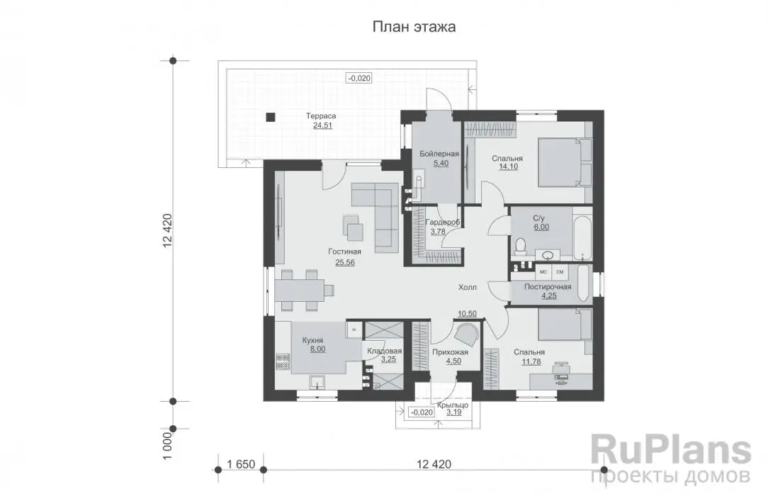 Проект одноэтажного дома 97 м², 13,4 × 14,1 м — Первый этаж