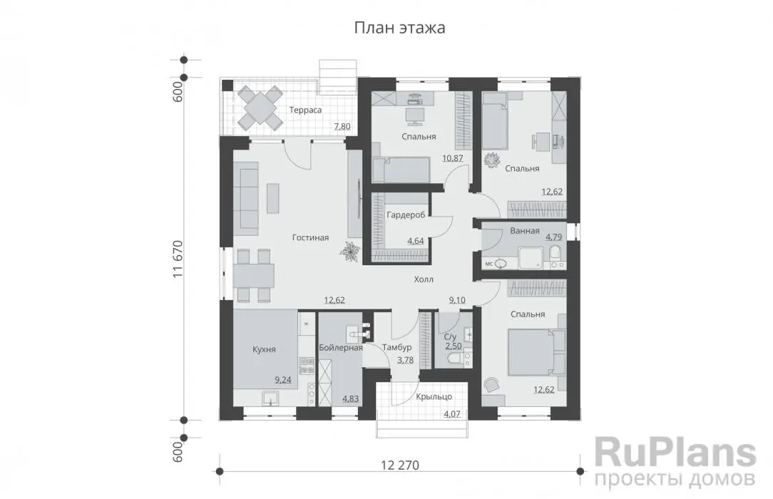 Проект одноэтажного дома 99 м², 11,7 × 12,3 м — Первый этаж