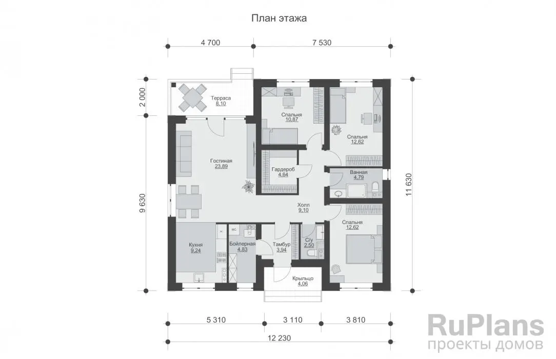 Проект одноэтажного дома 99 м², 11,6 × 12,2 м — Первый этаж